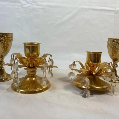 Vintage 24kt Gold Plated Candle Holders And Mini Gold Toned Goblets 