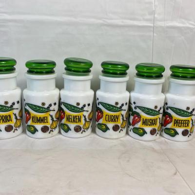 Vintage German Milk Glass Spice Jars w/ Green Glass Lids – Set of 6