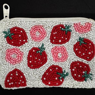 Hand-Beaded Strawberry Coin Purse / Small Zip Pouch