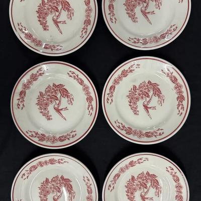 Set of 6 Vintage Jackson China Dessert / Bread Plates (Red Floral Bird Pattern)