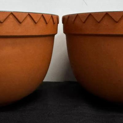 Pair of Mexican Fiesta Terracotta Bowl Planters – Green Glazed Interior