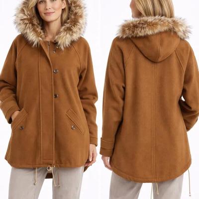 Farbrooke Brown Wool Coat Fur Trim Hood Women’s Winter Jacket