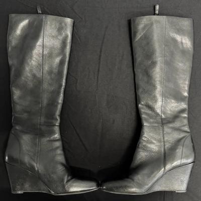 Via Spiga Women’s Black Leather Knee-High Wedge Boots Made in Italy