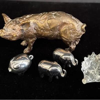 Small Metal Pigs and Elephant Figurines * Glass Hedgehog 