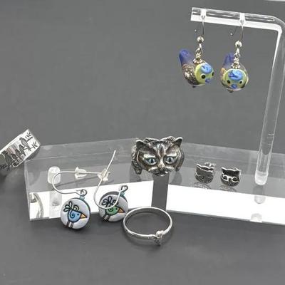 Sterling Silver Birds and Cats Ring/Earrings Total Weight 11.67 * Birds Earrings * Silvertone Ring 