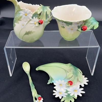 FRANZ Daisy & Ladybug Creamer, Cup, Unique Saucer & Spoon 