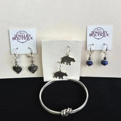 Sterling Silver Knot Cuff Bracelet 19.85g * 3 Wire Pieced Earrings 