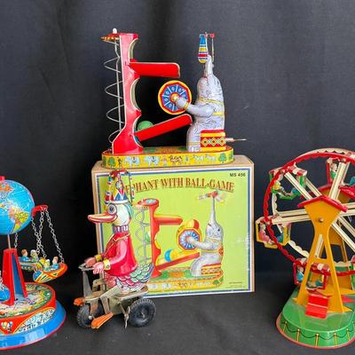 Vintage Metal Toys * Ferris Wheel; Globe Fair Ride, Elephant Ball Game & Duck On Bike 