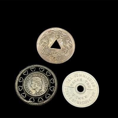 Antique Chinese Brass Fantasy Cash Token * 1956 El Salvador Mounted Coin * WA State Token
