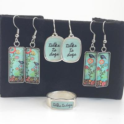 Poulin Folk Art Style Crows and Dogs Wire Earrings and Ring 