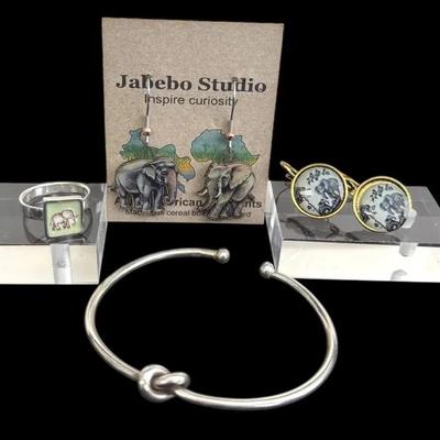 Poulin Sterling Silver Enamel Elephant Ring * Sterling Silver Cuff Bracelet * Elephant Earrings 
