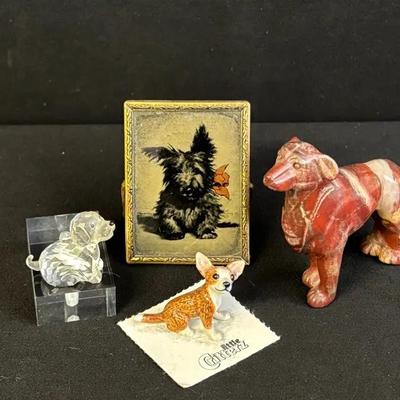 Various Small Dog Figurines * Crystal * Carved Stone * Ceramic * Mirror 