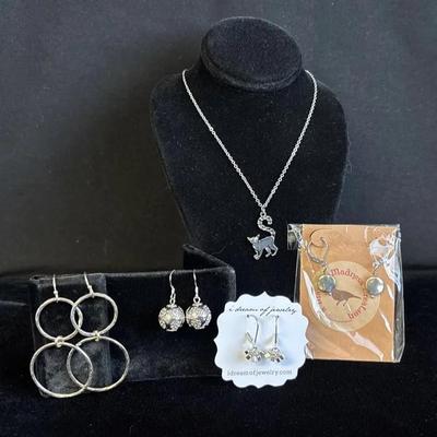 Silver tone Pierced Earrings * Cat Pendant Necklace 