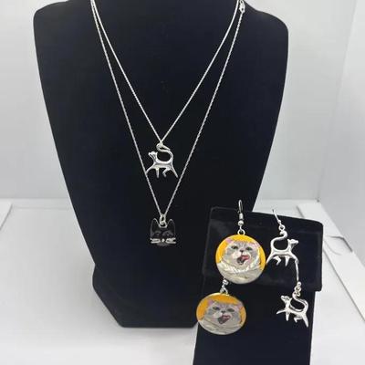Sterling Silver Cat Pendant/Earring Set * Cute Cats Pierced Earrings / Cat Pendant 