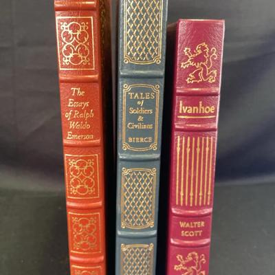 3 Leather bound Vintage Books*  Ivanhoe * Essays Of Ralph Waldo Emerson * Tales Of Soldiers/ Civilia