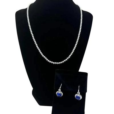 925 Sterling Silver Italy Ball Bead Necklace * 925 Silver Lapis Earrings 