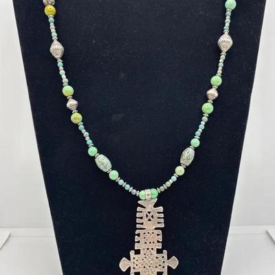 Handmade Aqua and Greens Glass Bead Silver Tone or Silver Beaded Necklace * “R”Ring 