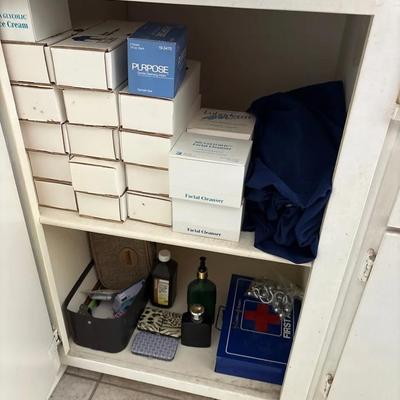 Bath Closet - VTG First Aid Kit, Blue Shower Curtain, RL Polo Cologne, Product Samples & More