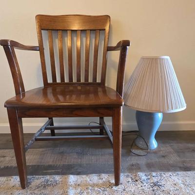 Light Blue Table Lamp & Solid Dark Wood Chair - Off White Lampshade