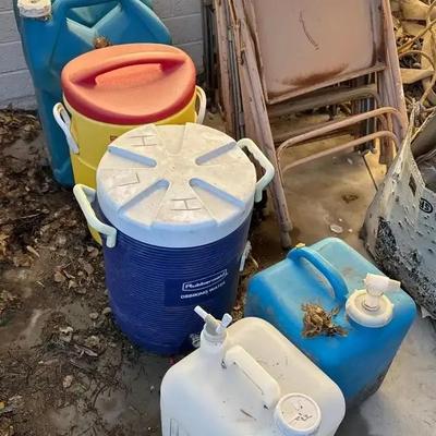 6 Total - 4 Water Jugs And Storage Containers - 2 Rubbermaid Sport Drink Dispensers