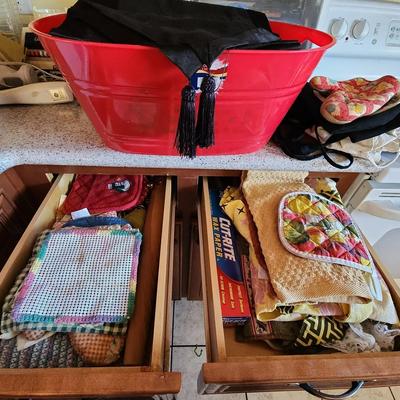 Kitchen Linens - Towels, Aprons, Pot Holders, Table Runners, Supplies, 2 Drawers Full + Tub