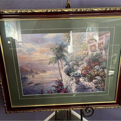 Framed Tranquil Sea Print on Black Metal Scroll Easel