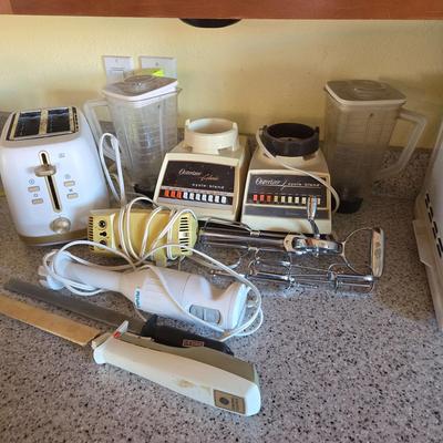 Vintage Kitchen Appliances - (2) Osterizer Blenders, Toaster, Egg Beaters, Electric Knife, Immersion