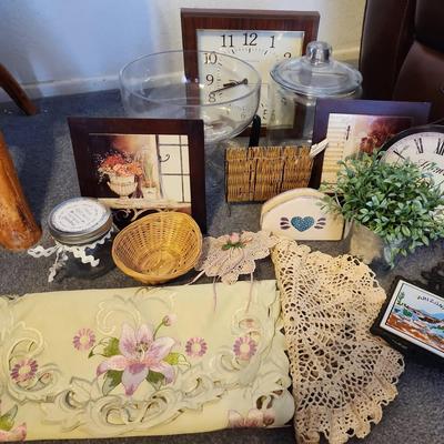 Elegant Home Decor - Clocks, Embroidered Runner, Art Prints, Glass Jar, Arizona Tile