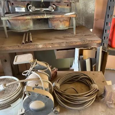 Shop Set Up - 3 Metal Tables - Attached Clamp. Metal Sawhorse, Craftsman Grinder