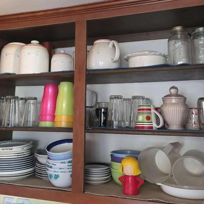 2 Cupboards of Glassware - Plates, Bowls, Juice Pitchers, Canisters, Mason Jars