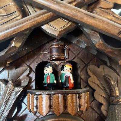 Hand-Carved Hunter-Style Black Forest, Germany Cuckoo Clock w/ Antlers