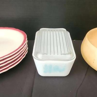 Vintage Dishes: Pyrex Amish Butterprint With Lid, (5) Sterling Plates F-6 & Wooden Bowl 