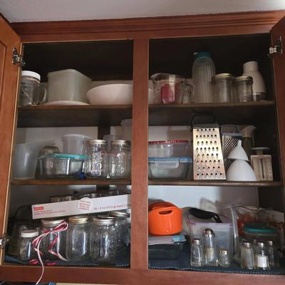 Cupboard Full Of Dishes - Kitchen Scale, Pyrex Bowls, Mason Jars