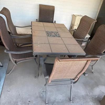 Outdoor Ceramic Tile & Metal Patio Table with 6 Brown Chairs