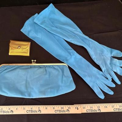 Turquoise Clutch w/ Gold Tone Clasp & Long Gloves, Vintage Gillette Mini Razor Gold Case