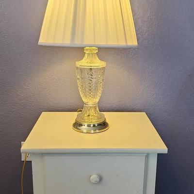 CUTE! White Sofa Side Wooden Table & Crystal Glass Etched Lamp and Shade - 1 Drawer, Open Shelf