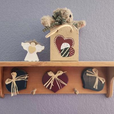 Arts & Craft Style Decor - Hearts, Wooden Angels, 2 Hook Home Shelf & More
