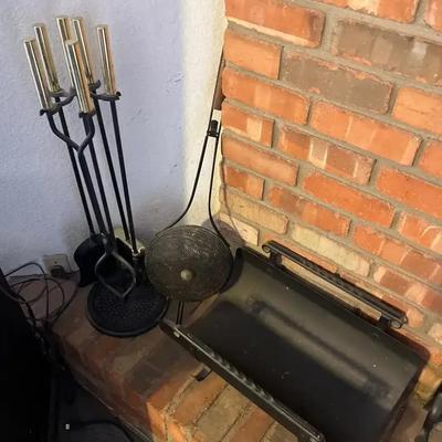 Metal Fireplace Tools & Wood Holder - Poker, Brush, Scoop with Gold Handles