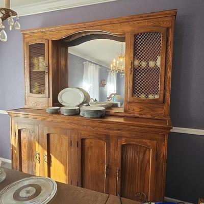 Beautiful Dining Room Storage Cabinet Light Wood Hutch - Mirror on Back, Cupboards Lattice Work