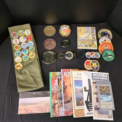 Boy Scout Scouting & Travel Collectibles - Patches, Sash, Southwest Tourist Maps, Coins, Compass 