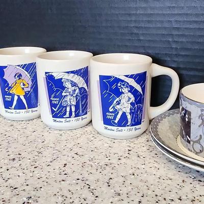 VTG Wedgewood Millennium Collection Cup, 2 Saucers, Morton Salt Mugs (3), White Candlewick
