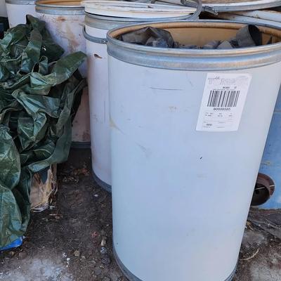 (4) White Large Latching Storage Barrels - Full Of Many Sizes & Types Of Tarps