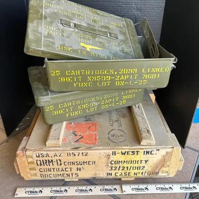 Two Military Grade Ammo Boxes & Wooden Hunting / Outdoor Storage Box