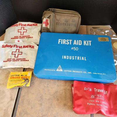 Vintage First Aid - Industrial Kit In Metal Blue, Military Aeronautic Khaki, Snake Bite, Auto Sets
