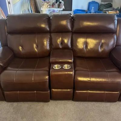 Beautiful, Well Maintained Brown Leather Double Recliner Loveseat with Cupholders & Armrest