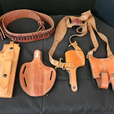 4 Leather Gun & Knife Holders - Cartridge Belt, Holsters, Shoulder Carry Holster