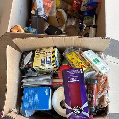 Garage & Shop Supply  Boxes -  Stanley Estimator, Light Bulbs, Rival Heater, Power Strip 