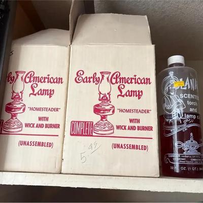 Vintage Oil Lamps- (2) Early American Homesteader Clear Glass + Lamp Oil w/ Original Boxes