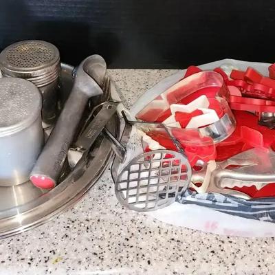 Vintage Kitchen - Salt & Pepper Shaker, Sugar, Scoops, Pans, & Red Handle Cookie Cutters