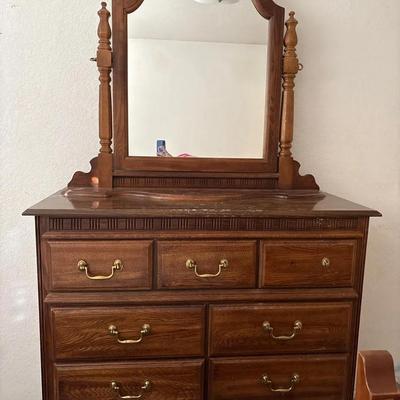 So CUTE! Very Nice Dark Wood 9 Drawer Dresser With Ornate Tilting Matching Mirror